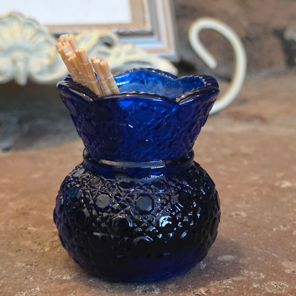 Vtg Mosser Cobalt Blue Glass Toothpick Holder Daisy & Button Scalloped Mini Vase - Picture 4 of 6